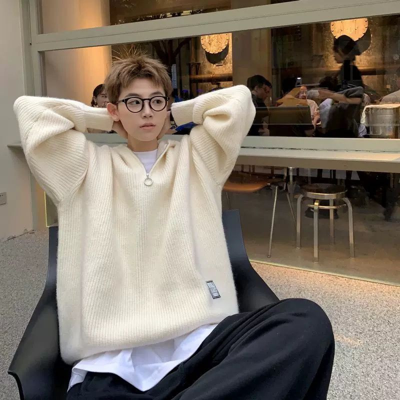 Pulover cu glugă cu jumătate de fermoar pentru bărbați Pulover largi de iarnă Pulover tricotat pentru bărbați de culoare uni