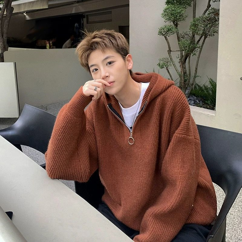 Pulover cu glugă cu jumătate de fermoar pentru bărbați Pulover largi de iarnă Pulover tricotat pentru bărbați de culoare uni