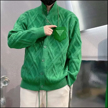 Пролет Есен Зелен пуловер със стойка яка Ромб Мъжки жакардови свободни каузални плетени жилетки Якета Мъжки топ мъжки дрехи