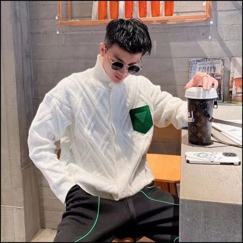 Kevad-sügis roheline krae Rombist kampsun Meeste žakaarmadrats lahtine põhjuslik kudum kardigan jakid Meeste top meeste riided