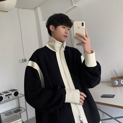 2023Jachetă cardigan pentru bărbați, toamnă, nou temperament, design retro, senzație de culoare asortată, cu fermoar, cu rever, ocazional, top de stradă.