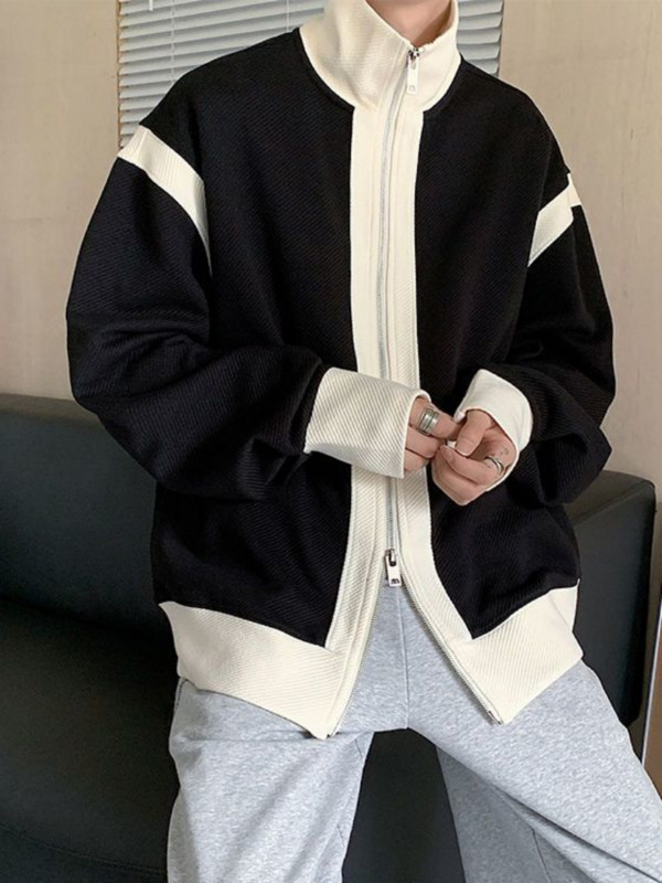 2023Jachetă cardigan pentru bărbați, toamnă, nou temperament, design retro, senzație de culoare asortată, cu fermoar, cu rever, ocazional, top de stradă.