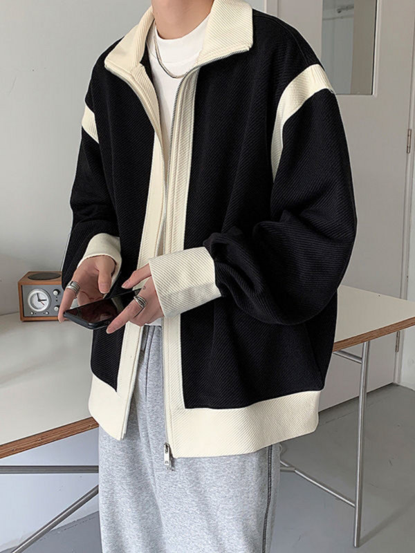 2023Jachetă cardigan pentru bărbați, toamnă, nou temperament, design retro, senzație de culoare asortată, cu fermoar, cu rever, ocazional, top de stradă.