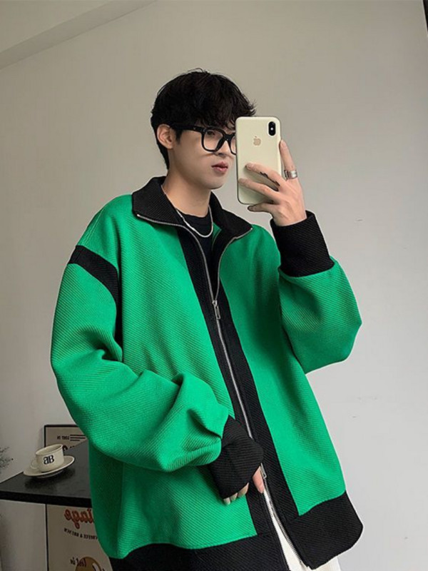 2023Jachetă cardigan pentru bărbați, toamnă, nou temperament, design retro, senzație de culoare asortată, cu fermoar, cu rever, ocazional, top de stradă.