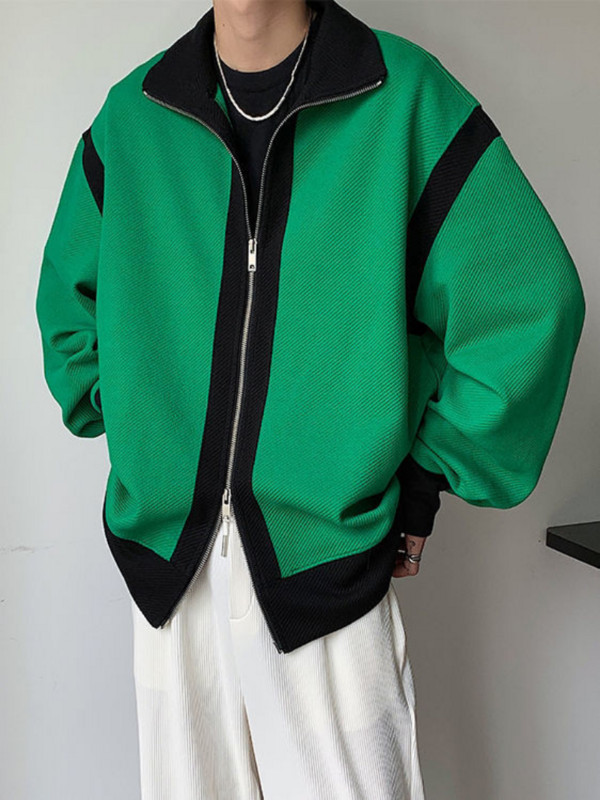 2023Jachetă cardigan pentru bărbați, toamnă, nou temperament, design retro, senzație de culoare asortată, cu fermoar, cu rever, ocazional, top de stradă.