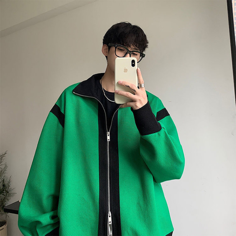 2023Jachetă cardigan pentru bărbați, toamnă, nou temperament, design retro, senzație de culoare asortată, cu fermoar, cu rever, ocazional, top de stradă.