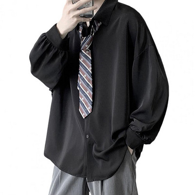 Revääriga pikkade varrukatega üherealine meeste särk Kevad-sügis vaba vormiga ühevärviline lipsuga särk