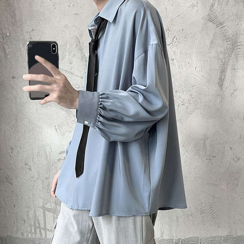 Revääriga pikkade varrukatega üherealine meeste särk Kevad-sügis vaba vormiga ühevärviline lipsuga särk