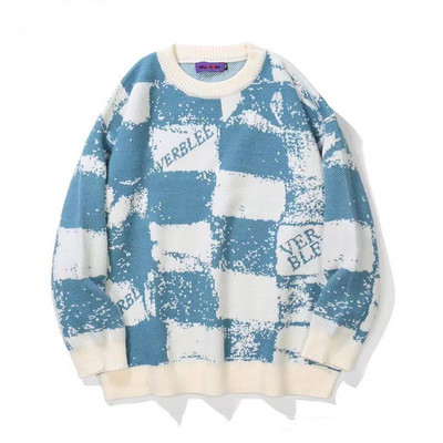 Inetu jõulukampsun, punane ruuduline kootud vintage kardigan ülisuur kampsun Harajuku Korea stiilis hip-hop kirjatrükiga pulloverid