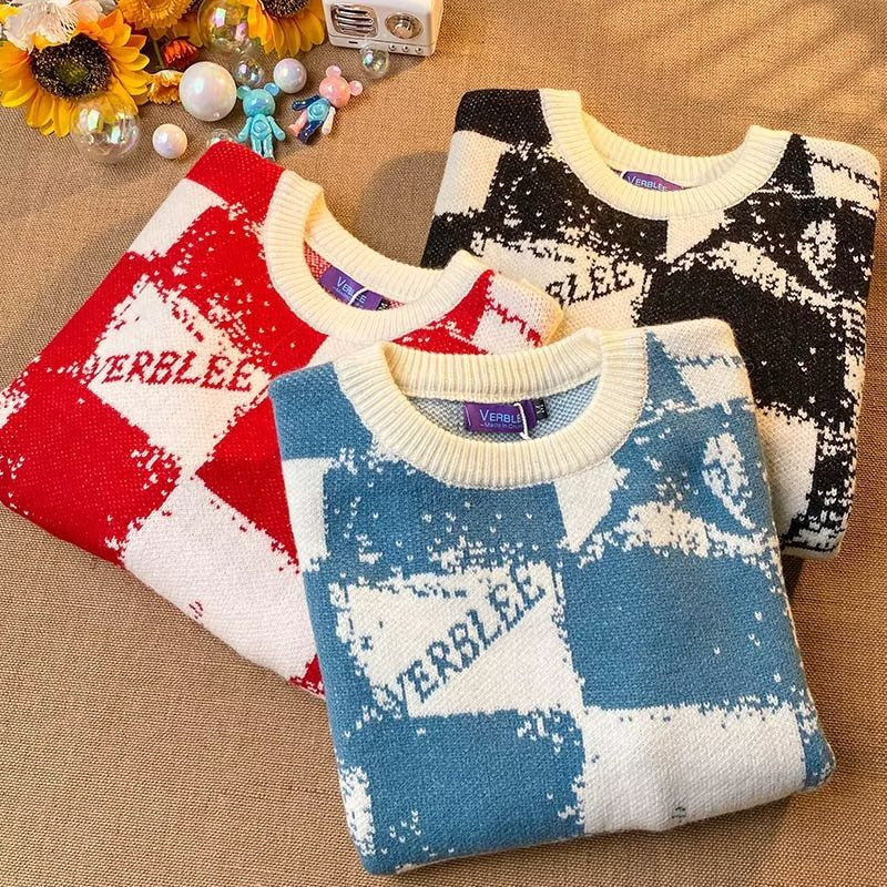 Inetu jõulukampsun, punane ruuduline kootud vintage kardigan ülisuur kampsun Harajuku Korea stiilis hip-hop kirjatrükiga pulloverid