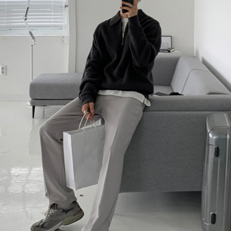 Novo zimsko korejsko izdanje za 2023., muški vintage jednobojni pleteni pulover s pola patentnog zatvarača, modni svestrani ležerni pulover, muški topli džemper