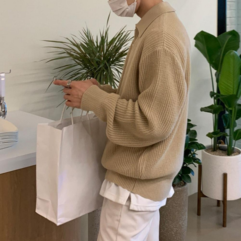 Novo zimsko korejsko izdanje za 2023., muški vintage jednobojni pleteni pulover s pola patentnog zatvarača, modni svestrani ležerni pulover, muški topli džemper