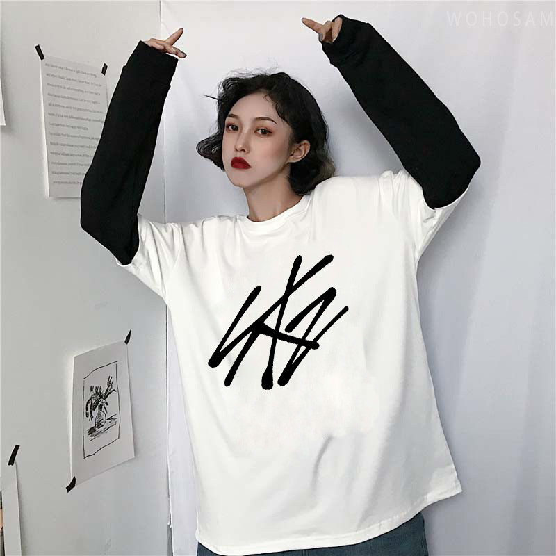 2022 Hot StrayKids Letter Fake Two Pieces Dugih rukava Ljetne Y2k majice Harajuku Kawaii Stray Kids Logo Korejske prevelike majice