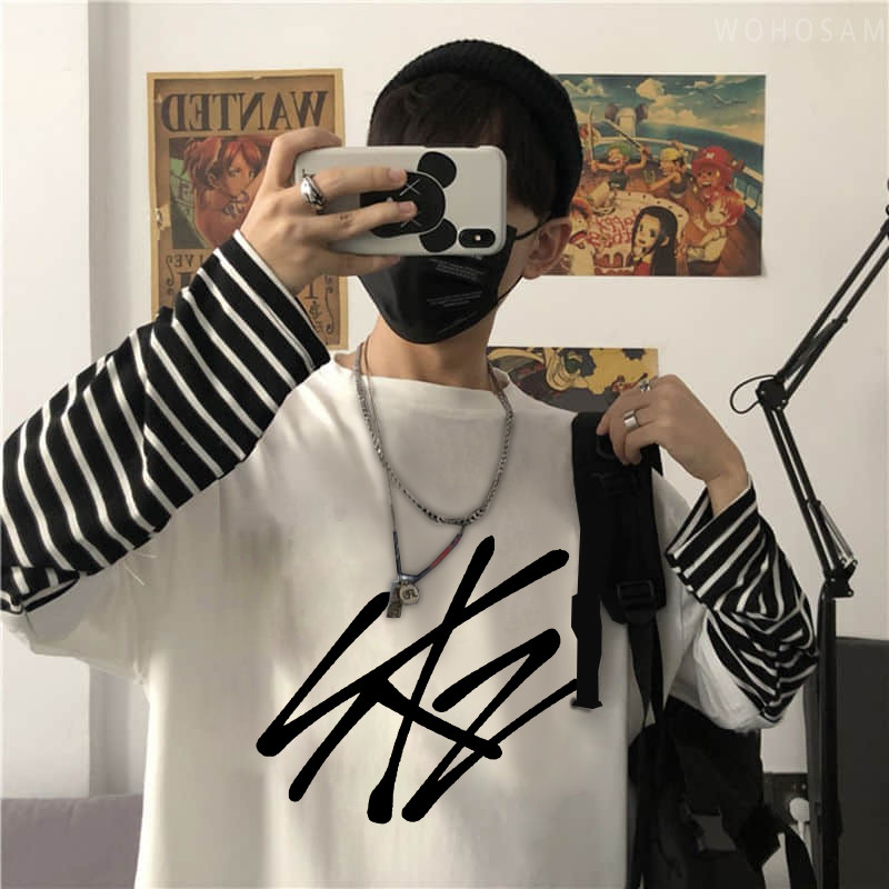 2022 Hot StrayKids Letter Fake Two Pieces Dugih rukava Ljetne Y2k majice Harajuku Kawaii Stray Kids Logo Korejske prevelike majice