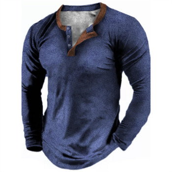 Καλοκαίρι 2023 Ανδρικό βαμβακερό μπλουζάκι με λαιμόκοψη V Henley Μακρυμάνικα μπλουζάκια με μακρυμάνικη λαιμόκοψη, μονόχρωμο, μοντέρνο μπλουζάκι Street Wear