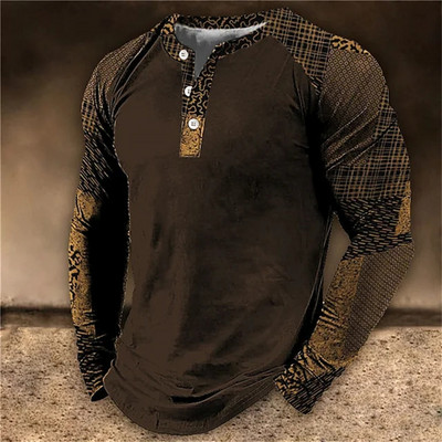 Henley Meeste T-särk Tavaline suvine polüester kevadnööbiga riided pikkade varrukatega topid Mood Tänavarõivad Suured T-särgid Tee 3D