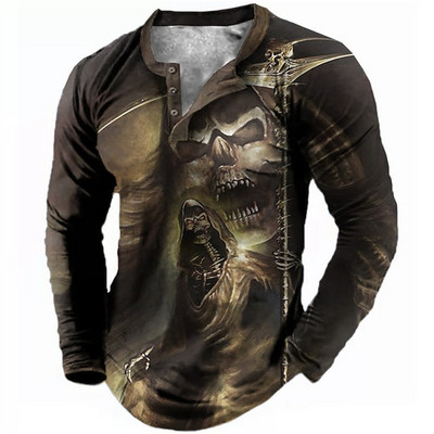 Henley Meeste T-särk Tavaline suvine polüester kevadnööbiga riided pikkade varrukatega topid Mood Tänavarõivad Suured T-särgid Tee 3D