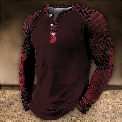 Henley Meeste T-särk Tavaline suvine polüester kevadnööbiga riided pikkade varrukatega topid Mood Tänavarõivad Suured T-särgid Tee 3D