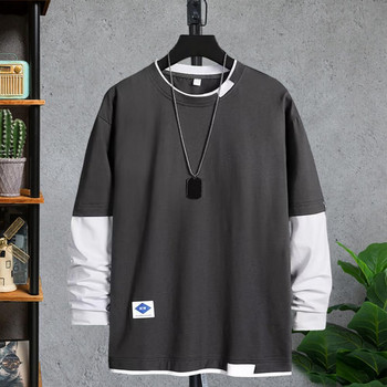 Ανδρικό ανοιξιάτικο μπλουζάκι ψεύτικο δύο τεμάχια με στρογγυλή λαιμόκοψη μακριά μανίκια ανδρικό τοπ Ανδρικό νεανικό στυλ Αντίθεση χρώματος Φαρδύ μπλουζάκι Ανδρικά ρούχα