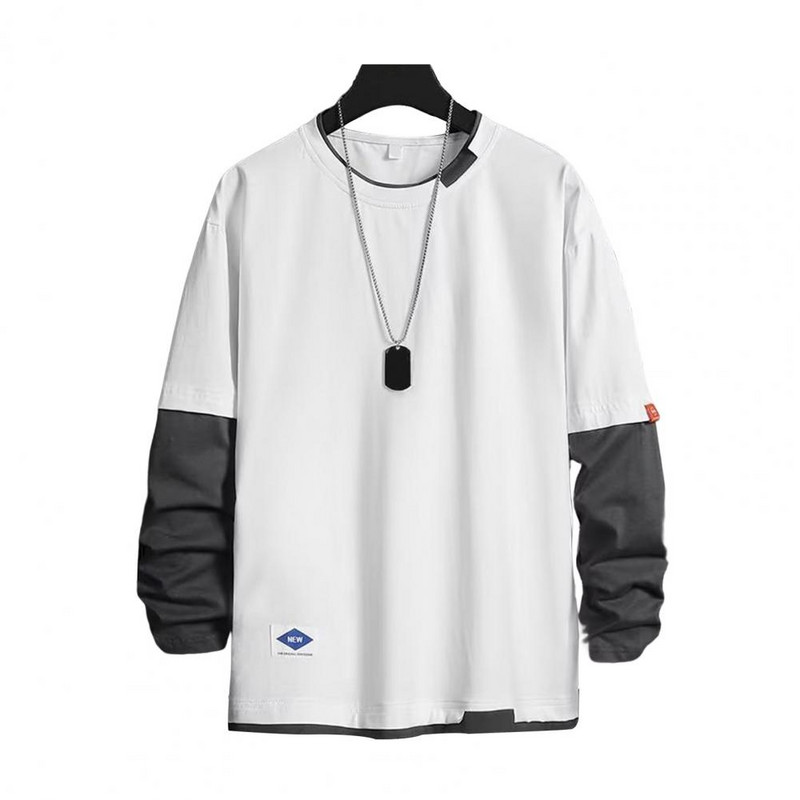 Meeste kevadine T-särk Võlts Kaheosaline ümmargune kaelus, pikkade varrukatega Meeste top Noor Stiil Kontrastne Värv Lahtine T-särk Meeste Riietus