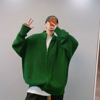 Корейска мода мъжки зимен плетен пуловер с цип High Street свободен зелен модерен пуловер с голяма жилетка със стояща яка