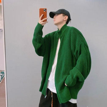 Корейска мода мъжки зимен плетен пуловер с цип High Street свободен зелен модерен пуловер с голяма жилетка със стояща яка