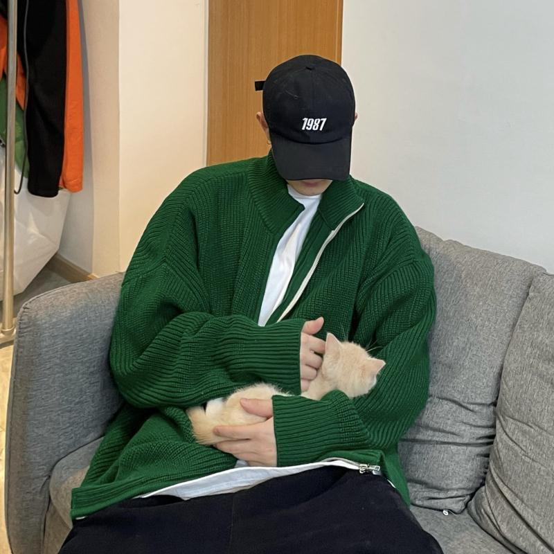 Πλεκτό πουλόβερ με χειμωνιάτικο φερμουάρ Κορεατικής μόδας Ανδρικό πουλόβερ με ζακέτα σε μεγάλο μέγεθος