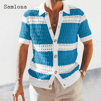 Samlona Плюс размер 3xl Мъжки пуловери за плетене с къси ръкави Нови летни жилетки Мъжки европейски модни топове на райета Връхни дрехи 2023 г.