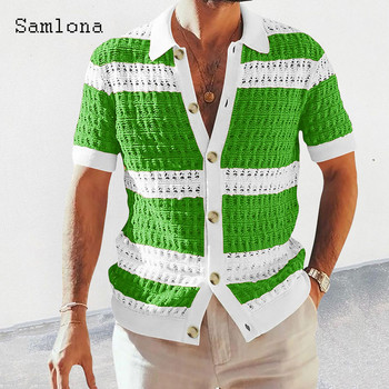Samlona Plus Size 3xl Ανδρικά κοντομάνικα πουλόβερ πλέξιμο Νέες καλοκαιρινές ζακέτες Ανδρικές ριγέ μπλούζες Ευρώπης μόδας Εξωτερικά ενδύματα 2023