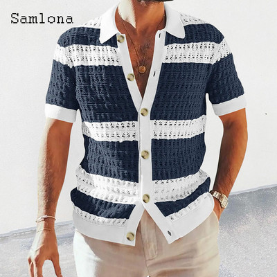 Samlona Plus Size 3xl Meeste lühikeste varrukatega kuduvad kampsunid Uued suvised kampsunid Meeste Euroopa mood Triibulised topid Ülerõivad 2023