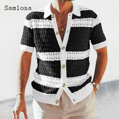 Samlona Plus Size 3xl Meeste lühikeste varrukatega kuduvad kampsunid Uued suvised kampsunid Meeste Euroopa mood Triibulised topid Ülerõivad 2023