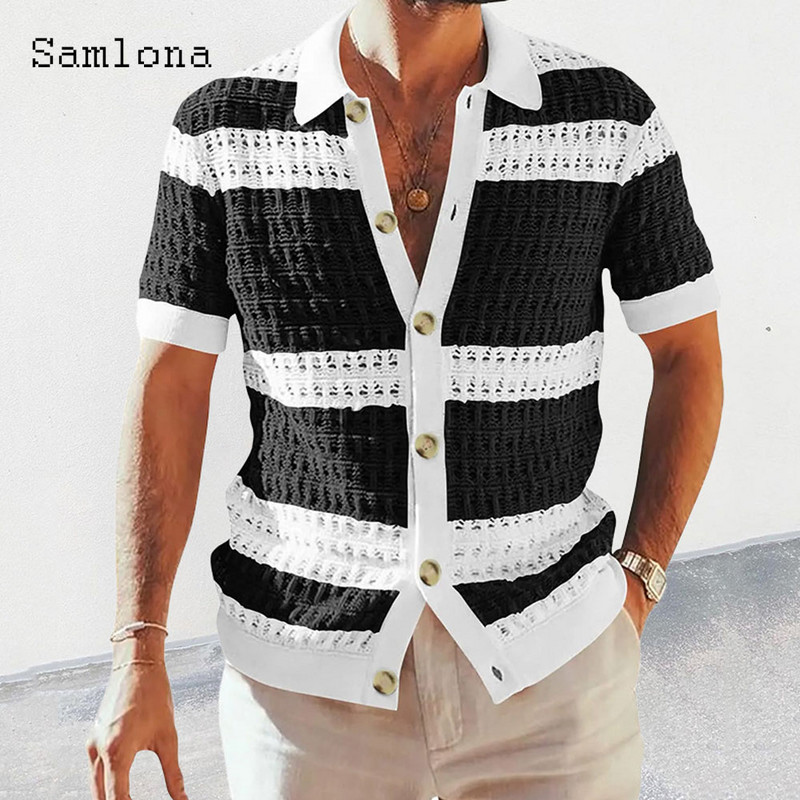 Samlona Plus Size 3xl Meeste lühikeste varrukatega kuduvad kampsunid Uued suvised kampsunid Meeste Euroopa mood Triibulised topid Ülerõivad 2023