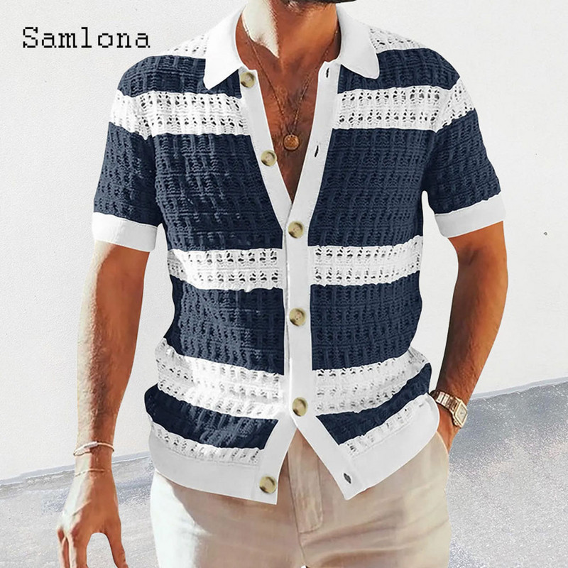 Samlona Plus Size 3xl Meeste lühikeste varrukatega kuduvad kampsunid Uued suvised kampsunid Meeste Euroopa mood Triibulised topid Ülerõivad 2023