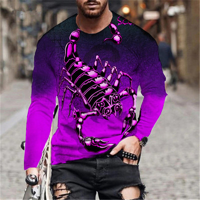 Pikkade varrukatega ümarkaelusega moeloomade mustriga meeste T-särgid Scorpion 3D prindiga Tänavarõivad Pulloverid Topid Lahtised vabaaja T-särgid