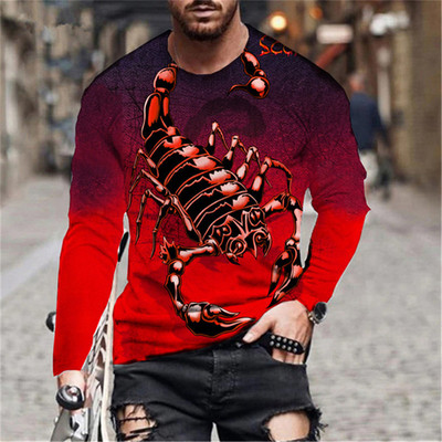 Pikkade varrukatega ümarkaelusega moeloomade mustriga meeste T-särgid Scorpion 3D prindiga Tänavarõivad Pulloverid Topid Lahtised vabaaja T-särgid