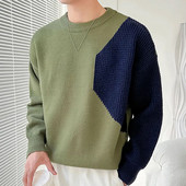 2023. Kratki pulover u boji patchwork s O-izrezom Vintage modni korejski ležerni pulover džemper Jesen Zima Muški debeli pleteni džemper