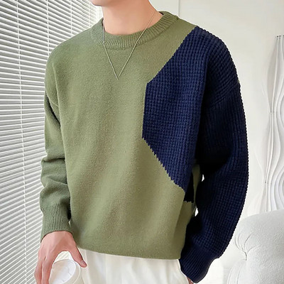 2023. Kratki pulover u boji patchwork s O-izrezom Vintage modni korejski ležerni pulover džemper Jesen Zima Muški debeli pleteni džemper