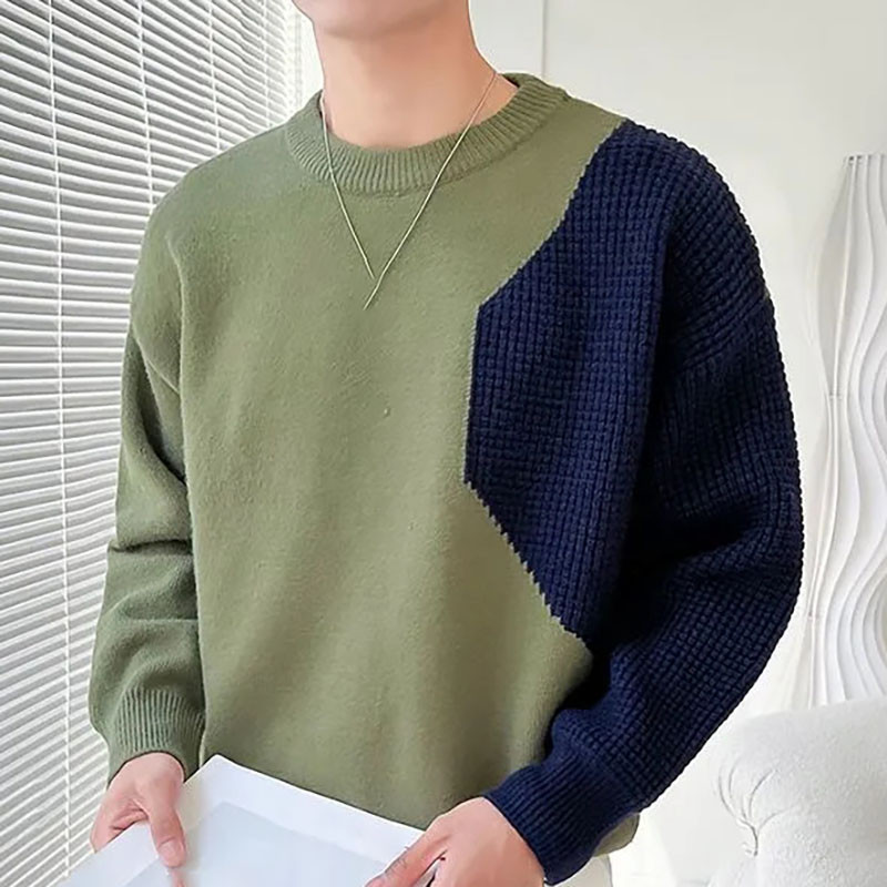 2023. Kratki pulover u boji patchwork s O-izrezom Vintage modni korejski ležerni pulover džemper Jesen Zima Muški debeli pleteni džemper