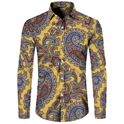 Stiilne meeste särk Paisley india pähkli lilledega 3D-print Alla keeratava kraega nööbiga pikkade varrukatega topid Vintage meeste naiste tänavarõivad riided