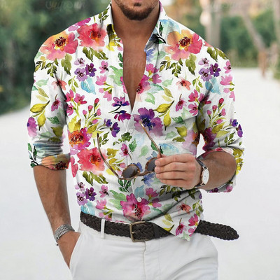 Νέο ανδρικό πουκάμισο με κουμπιά μακρυμάνικο μπλουζάκι Vintage λουλουδάτο πουκάμισο για άντρες Casual επαγγελματικά ρούχα Μπλούζα με πέτο με λαιμόκοψη Street