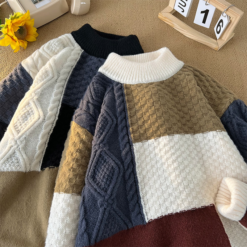 Αντρικό πουλόβερ συνονθύλευμα αντίθεσης Φθινοπωρινό χειμερινό καρό πλεκτό πουλόβερ Κορεατικά streetwear