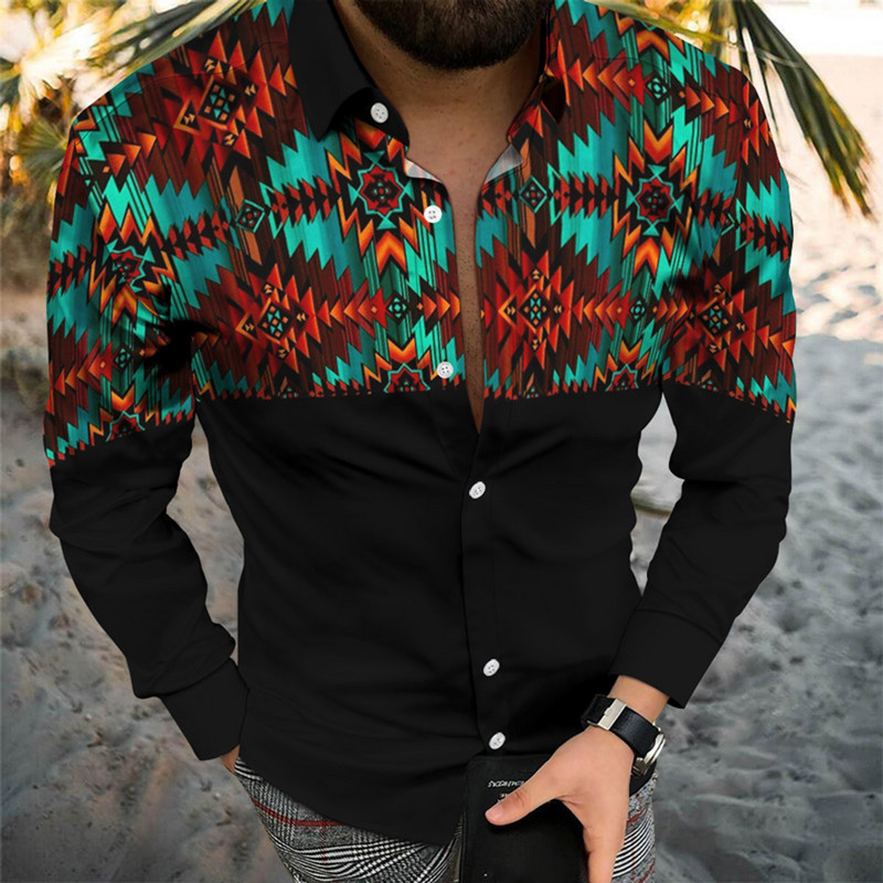 Vakarų etniniai marškiniai vyrams 3D skaitmenine spauda Atvartas ilgomis rankovėmis marškinėliai spausdinti Camisa socialiniai marškinėliai šventiniai geometriniai