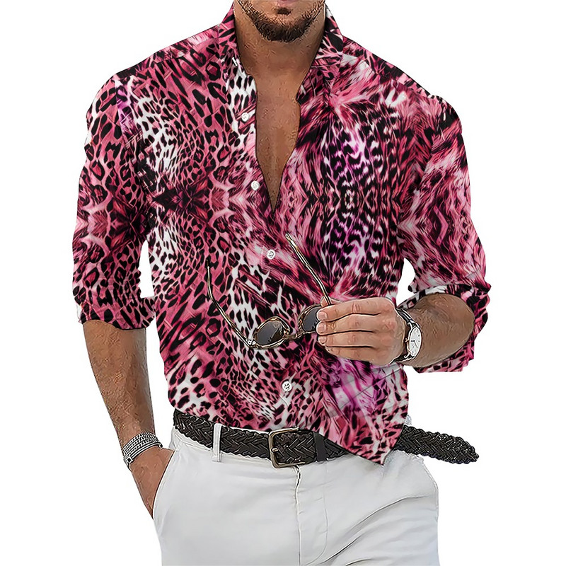 Vintage Πουκάμισα Ανδρικά Μόδα Πουκάμισα Μακρυμάνικα Χαβάης Πουκάμισα Κούβα Μπλούζα Παραλία Ανδρικά Ρούχα Λεοπάρ Camisa Μονόστηθος