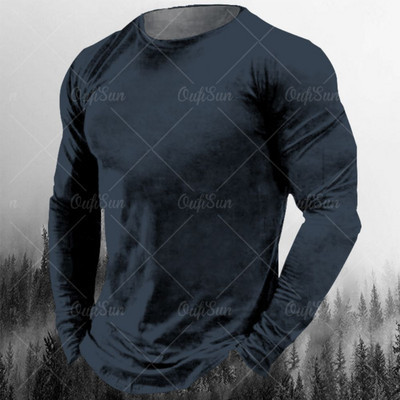 Νέο ανδρικό μπλουζάκι Φθινοπωρινά ρούχα μονόχρωμα εμπριμέ πουκάμισα O λαιμός Oversized Top casual streetwear Φαρδιά ρούχα γυμναστικής για άνδρες