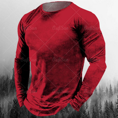 Νέο ανδρικό μπλουζάκι Φθινοπωρινά ρούχα μονόχρωμα εμπριμέ πουκάμισα O λαιμός Oversized Top casual streetwear Φαρδιά ρούχα γυμναστικής για άνδρες