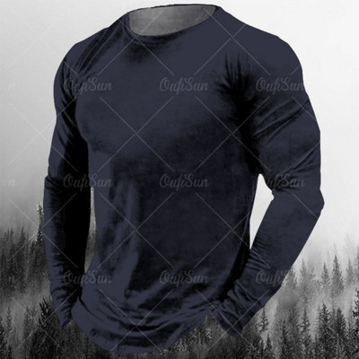 Νέο ανδρικό μπλουζάκι Φθινοπωρινά ρούχα μονόχρωμα εμπριμέ πουκάμισα O λαιμός Oversized Top casual streetwear Φαρδιά ρούχα γυμναστικής για άνδρες