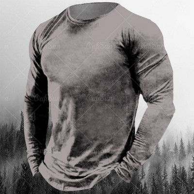 Νέο ανδρικό μπλουζάκι Φθινοπωρινά ρούχα μονόχρωμα εμπριμέ πουκάμισα O λαιμός Oversized Top casual streetwear Φαρδιά ρούχα γυμναστικής για άνδρες