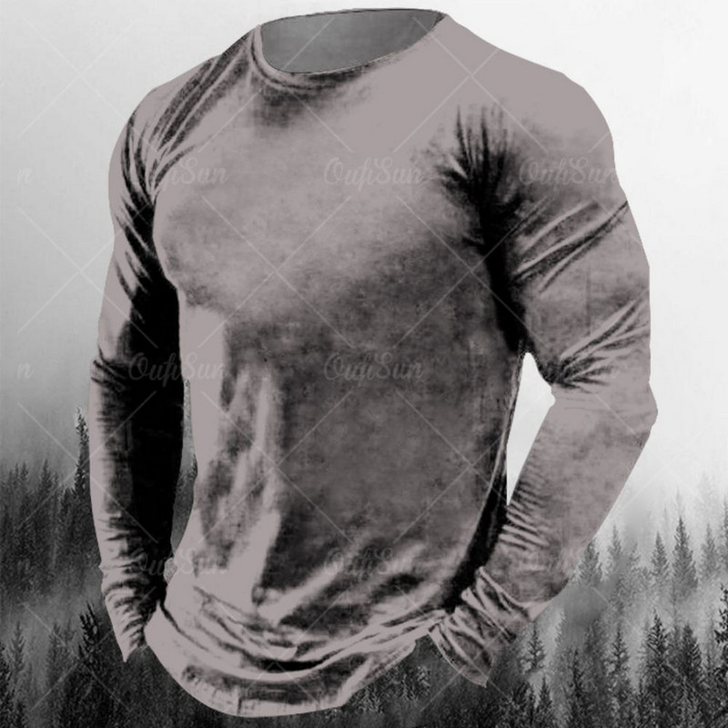 Νέο ανδρικό μπλουζάκι Φθινοπωρινά ρούχα μονόχρωμα εμπριμέ πουκάμισα O λαιμός Oversized Top casual streetwear Φαρδιά ρούχα γυμναστικής για άνδρες