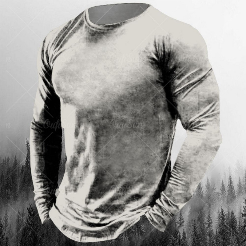 Νέο ανδρικό μπλουζάκι Φθινοπωρινά ρούχα μονόχρωμα εμπριμέ πουκάμισα O λαιμός Oversized Top casual streetwear Φαρδιά ρούχα γυμναστικής για άνδρες