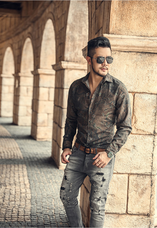 2023 Νέα ανδρικά μεταξωτά σατέν πουκάμισα με φλοράλ εμπριμέ ανδρική λεπτή εφαρμογή με μακρυμάνικο λουλούδι με στάμπα Casual πουκάμισο για πάρτι M-3XL